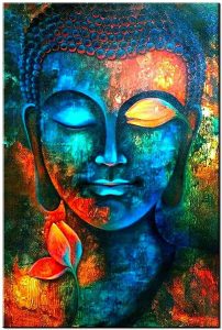 Blue Buddha wall art featuring abstract design with lotus flower, ideal for meditation, yoga, or living room Zen decor.
