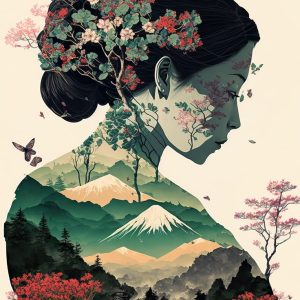 A surreal digital painting of a woman’s profile blending into a serene landscape, with cherry blossoms growing from her hair and mountains forming her silhouette.