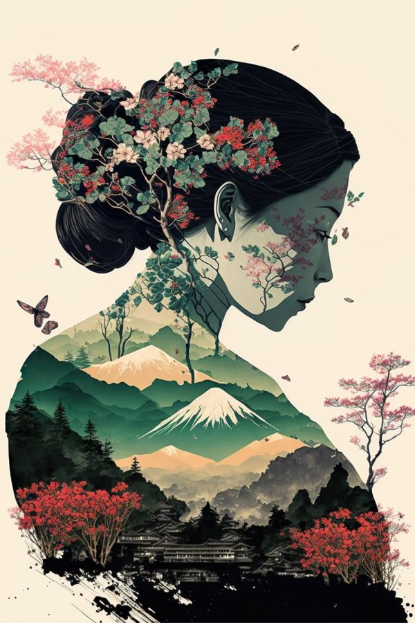 A surreal digital painting of a woman’s profile blending into a serene landscape, with cherry blossoms growing from her hair and mountains forming her silhouette.