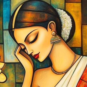 A digital painting of an elegant Indian woman in traditional attire, wearing a white saree with gold accents, adorned with jewelry, and a garland of flowers in her neatly tied hair. She is depicted in a serene, introspective pose with a soft, warm expression.