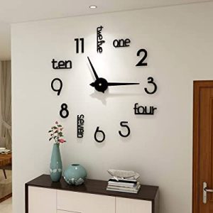 A minimalist black wall clock with numbers spelled out in words on a white background.
