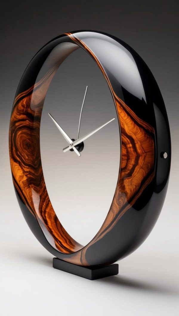 A modern artistic table clock with a sleek black and wood grain ring-shaped frame and minimalistic silver hands.