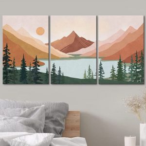 A three-panel minimalist landscape painting featuring mountains, a lake, and evergreen trees in soft earthy tones, creating a serene and calming atmosphere.