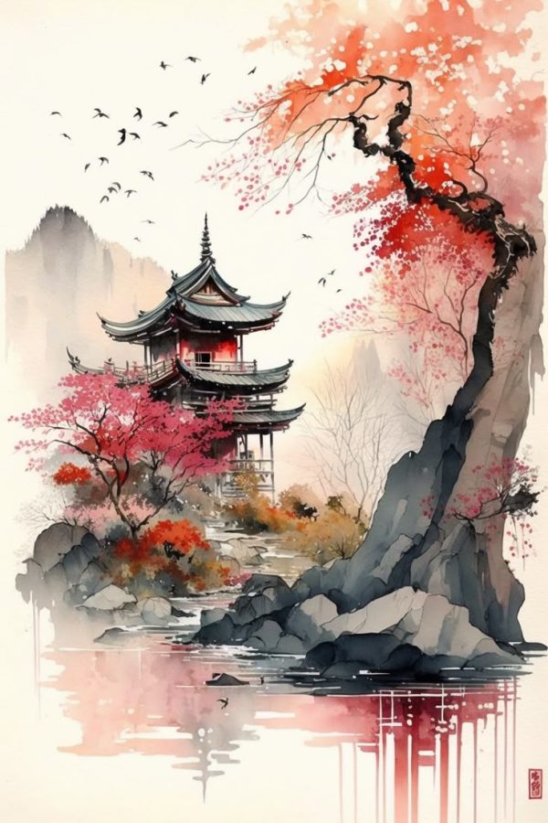 A serene watercolor-style painting of a traditional Japanese pagoda surrounded by cherry blossoms, misty mountains, and a tranquil reflective lake. Birds soar in the sky, enhancing the peaceful and dreamlike atmosphere.