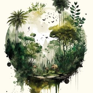 A watercolor-style digital painting of a lush jungle scene, featuring towering palm trees, dense greenery, a reflective water body, and small huts nestled in the forest, with birds flying overhead.