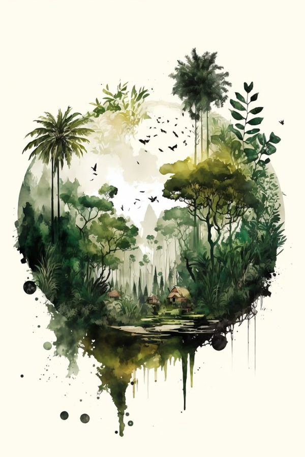 A watercolor-style digital painting of a lush jungle scene, featuring towering palm trees, dense greenery, a reflective water body, and small huts nestled in the forest, with birds flying overhead.