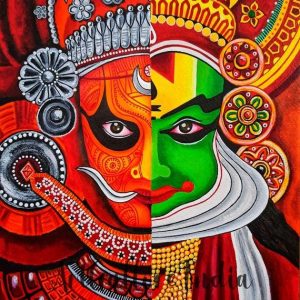 A vibrant, traditional Indian painting showcasing a split composition of two iconic South Indian art forms—Theyyam and Kathakali. The left half features Theyyam with intricate red and orange face paint, silver ornaments, and expressive eyes, while the right half represents Kathakali with bold green face paint, a regal headdress, and ornate golden details. The artwork is rich in cultural symbolism and intricate patterns.