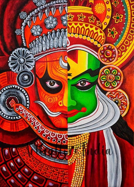 A vibrant, traditional Indian painting showcasing a split composition of two iconic South Indian art forms—Theyyam and Kathakali. The left half features Theyyam with intricate red and orange face paint, silver ornaments, and expressive eyes, while the right half represents Kathakali with bold green face paint, a regal headdress, and ornate golden details. The artwork is rich in cultural symbolism and intricate patterns.