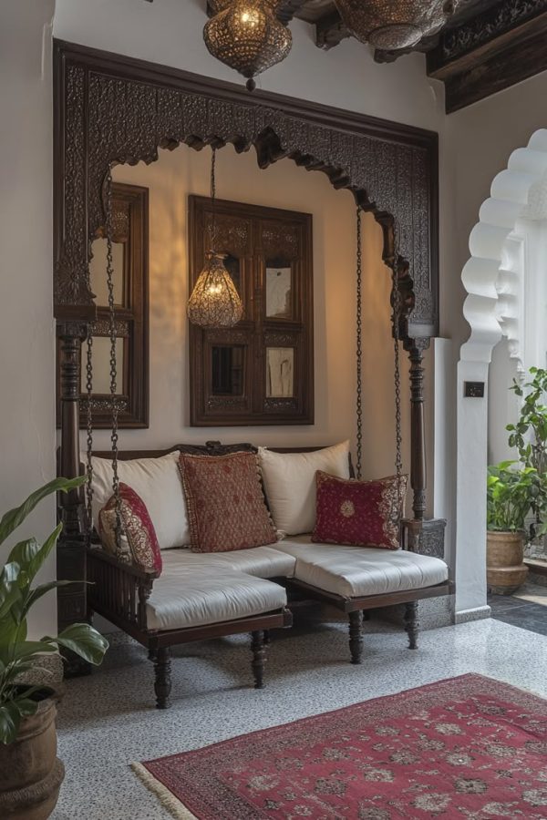 Traditional Indian wooden swing-style seating with white cushions and red accent pillows, set beneath an intricately carved wooden canopy in a cozy, heritage-themed living space.